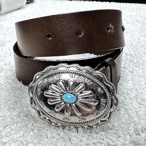 brown leather belt featuring  silver-tone concho buckle turquoise accent stone M